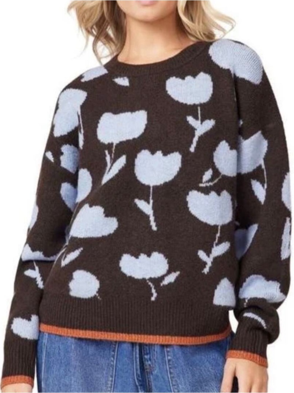 Scotch & Soda Brown Crewneck Sweater with Light Blue Floral Pattern